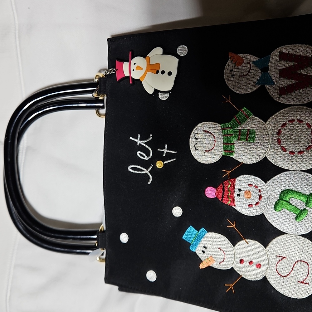 Kim Rogers Black Satin Let it Snow Christmas Holiday Winter Snowman Purse